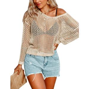 AI'MAGE Womens Crochet Tops Long Sleeve Hollow Out Swim Cover Up 2026 Beach Bikini Swimsuit Summer Tunic Top (White, M)