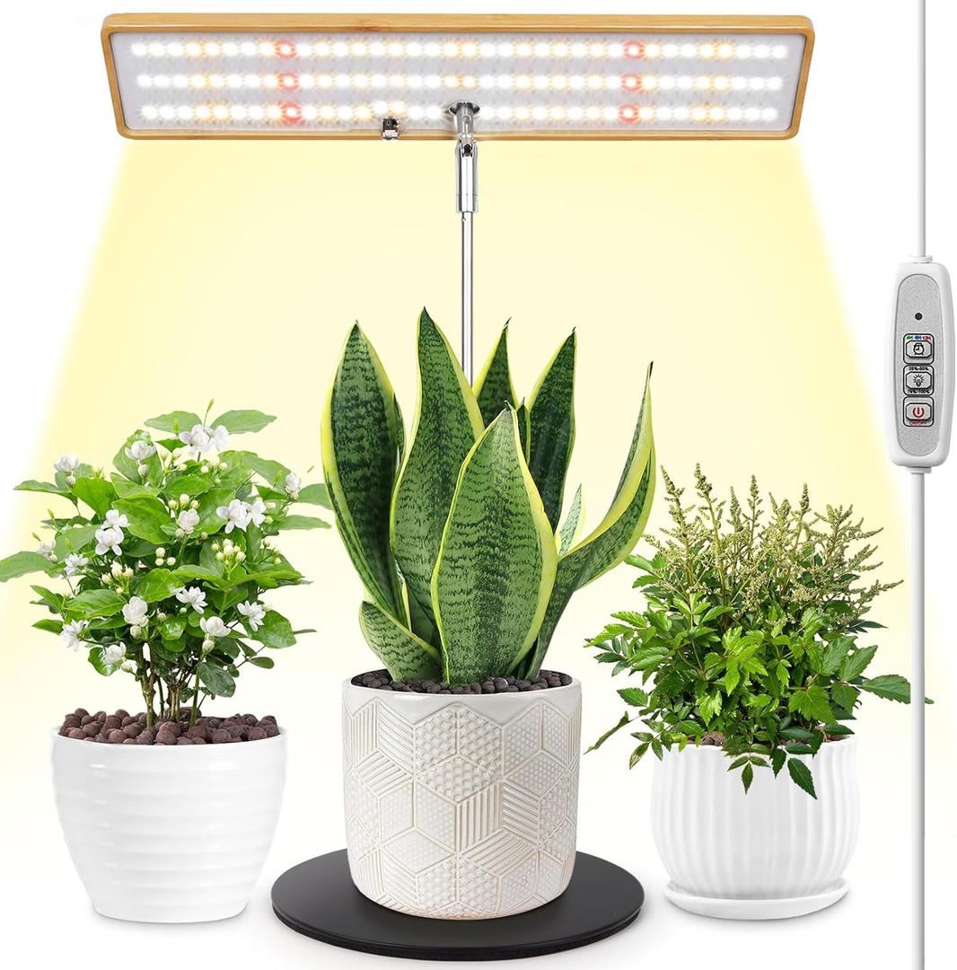 LORDEM Grow Lights for Indoor Plants, Bamboo Full Spectrum Plant Lights for Indoor Growing, Height Adjustable Desk Top Growing Lamp with Auto On/Off Timer 4H/8H/12H & 4 Dimmable Brightness, 1 Pack (1 pack, Desk Grow Light in Bamboo)