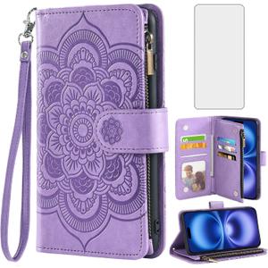 Asuwish Compatible with iPhone 16 6.1 inch Wallet Case and Tempered Glass Screen Protector Flower Leather Flip Credit Card Holder Cell Accessories Phone Cover for i Phone16 i16 16Case Women Men Purple