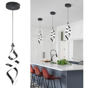 Modern Led Pendant Light Fixture, 15W Black Spiral Led Chandelier Hanging Lamp, 4500K Daylight White Pendant Lamp, Adjustable Height Pendant Light for Kitchen Dining Room Bedroom Kitchen Island Cafe