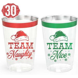 xo, Fetti Christmas Decorations Cups - 30 count, 12 oz | Team Naughty or Nice, Christmas Eve Disposable Drinkwear, Clear Plastic Cocktail Tumbler with Foil