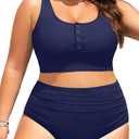 Yonique Plus Size 2 Piece Swimsuit - Womens High Waisted Bikini Tummy Control Bathing Suit Ribbed 2026 Swimwear, Size: 22W