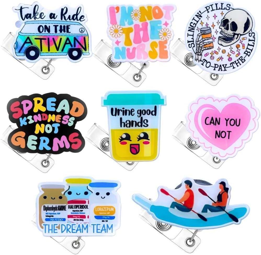 YJ PREMIUMS 8PC Funny Cute Fun Badge Reel Holder ID Card Retractable Clip for Nurse Nurses Nursing Teacher Office Workers | Meme Its Fine Just My Face Job Descriptions Goose Bumps Gifts (Nurse)