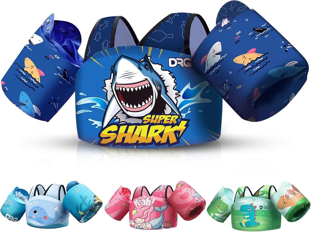 DRQ Toddler Swim Vest, Toddler Floaties for 22-66lbs Kids, Puddle Jumper Kids Life Jacket with Shoulder Harness Arm Wings for Girls Boys 2 3 4 5 6 Years Old (Shark-Style)