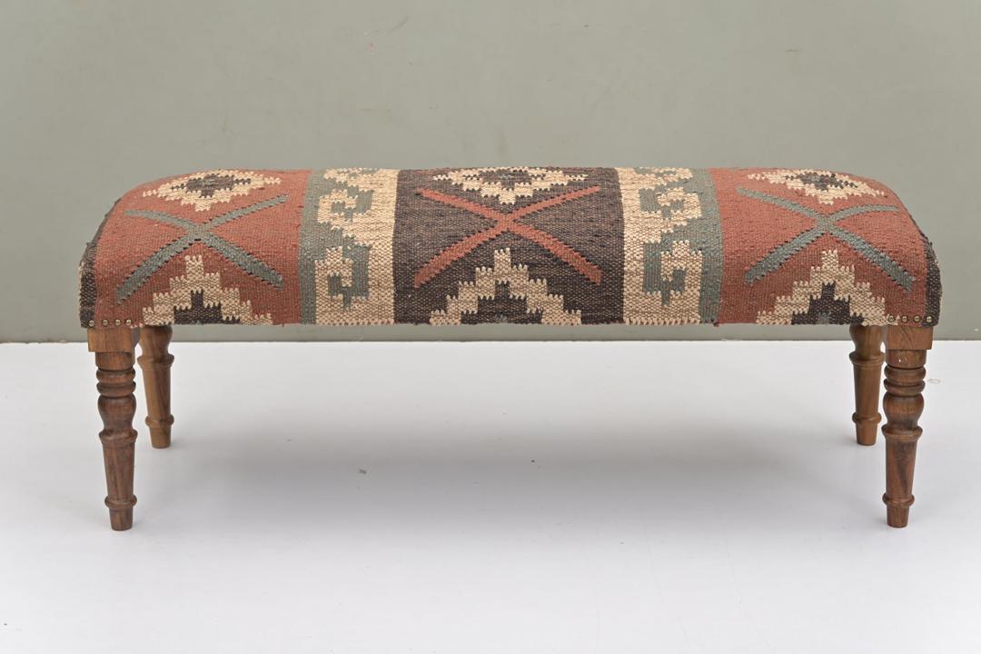 NATURAL FURNISH Acacia Wood Kilim Jute Fabric Upholstered Bench with Geometric Print | Southwestern Pattern Wooden Ottoman with KD Legs for Living Room, Bedroom, Hallway (Rustic Brown & Terracotta)