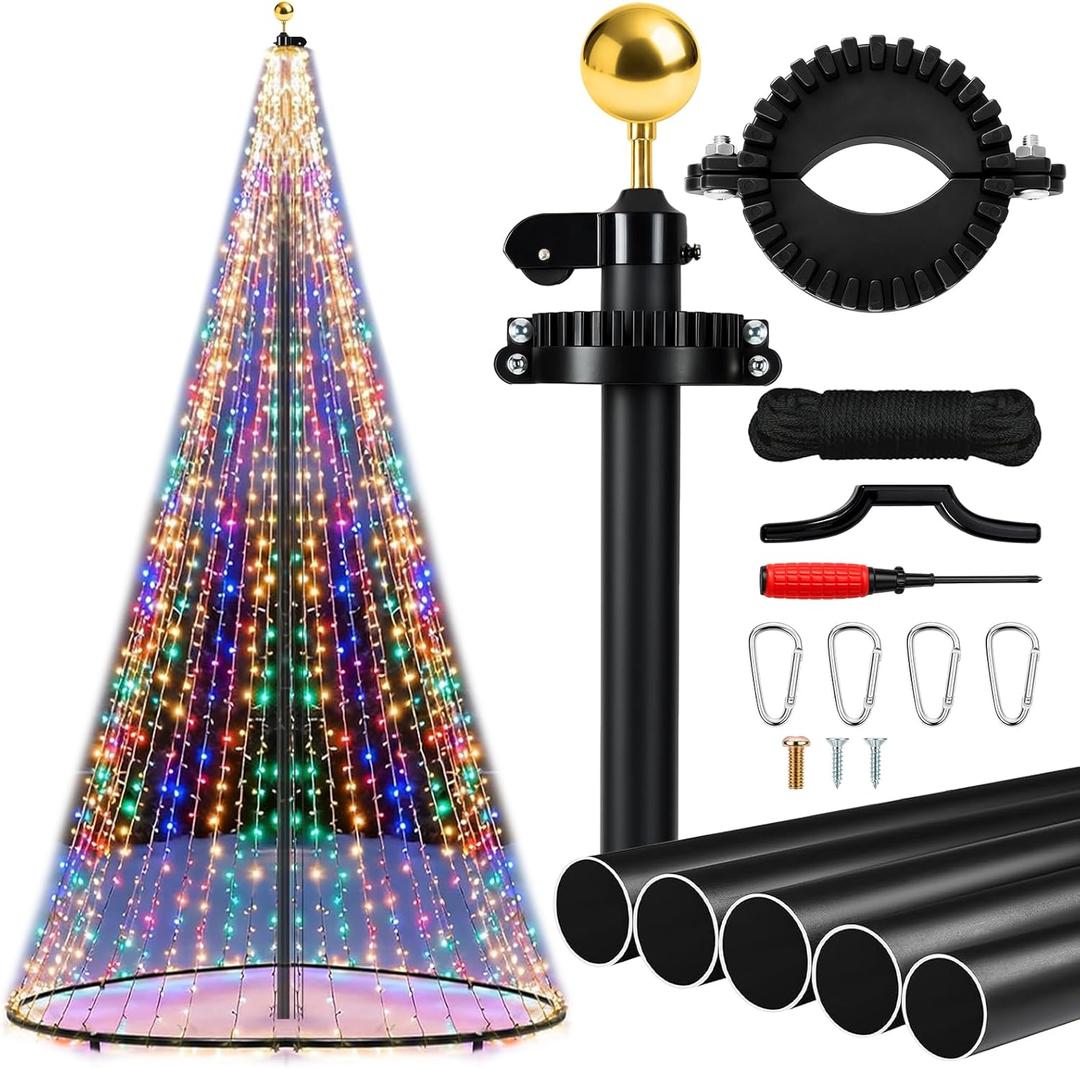 Creative Flagpole Set Include 25 ft Versatile Sectional Flagpole with Mega Topper Light Hook a Topper Decoration and Storage Bag for Outdoor Christmas Trees Display