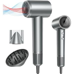 Hair Dryer, Professional Ionic Hair Dryer for Fast Drying, High Speed Hair Blow Dryer with Diffuser for Home Salon Travel, Constant Temperature Hair Care Without Hair Damage (Silver)