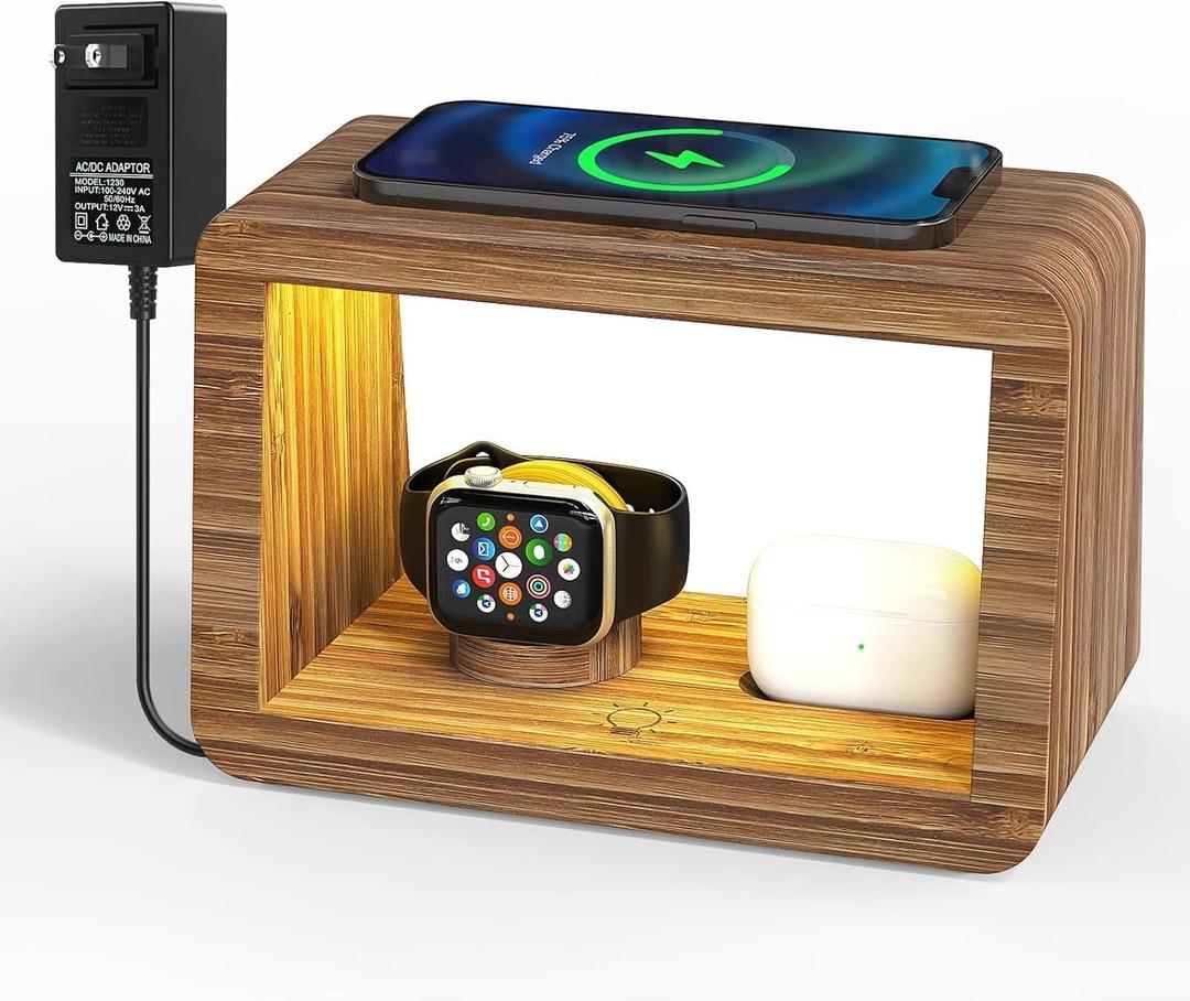 Bamboo Charging Station for Multiple Devices, 15W Fast Wireless Charger Night Light with 3 Color & 4 Adjustable Brightness, Night Stand Charger Station for iPhone/iWatch/AirPods/Samsung with Adapter