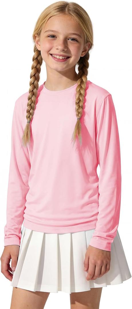 American Trends Girls Rash Guard: UPF+ 50 Long Sleeve UV Protection Shirts for Girls - Lightweight Quick Dry Sun Shirts 5-16T (8-10 Years, Pink)
