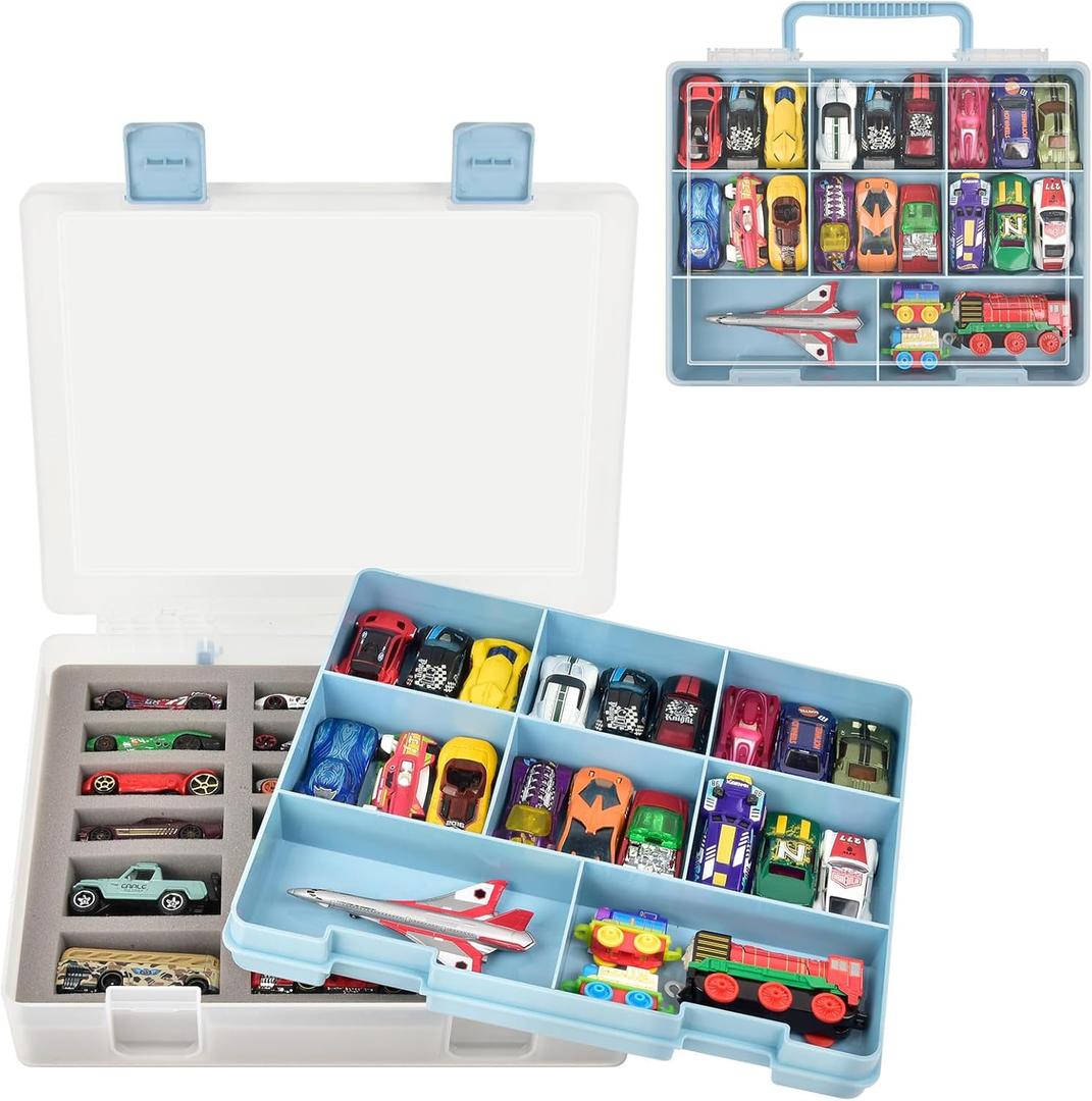 Double-Layer Storage for 1/64 Scale Hot Wheels & for Matchbox Cars, with 18 Sponge Slots & 8 Compartments Holds 36-44 Mini Vehicles-Portable Box for Collectors, Home Use, Travel (Blue, Case Only)