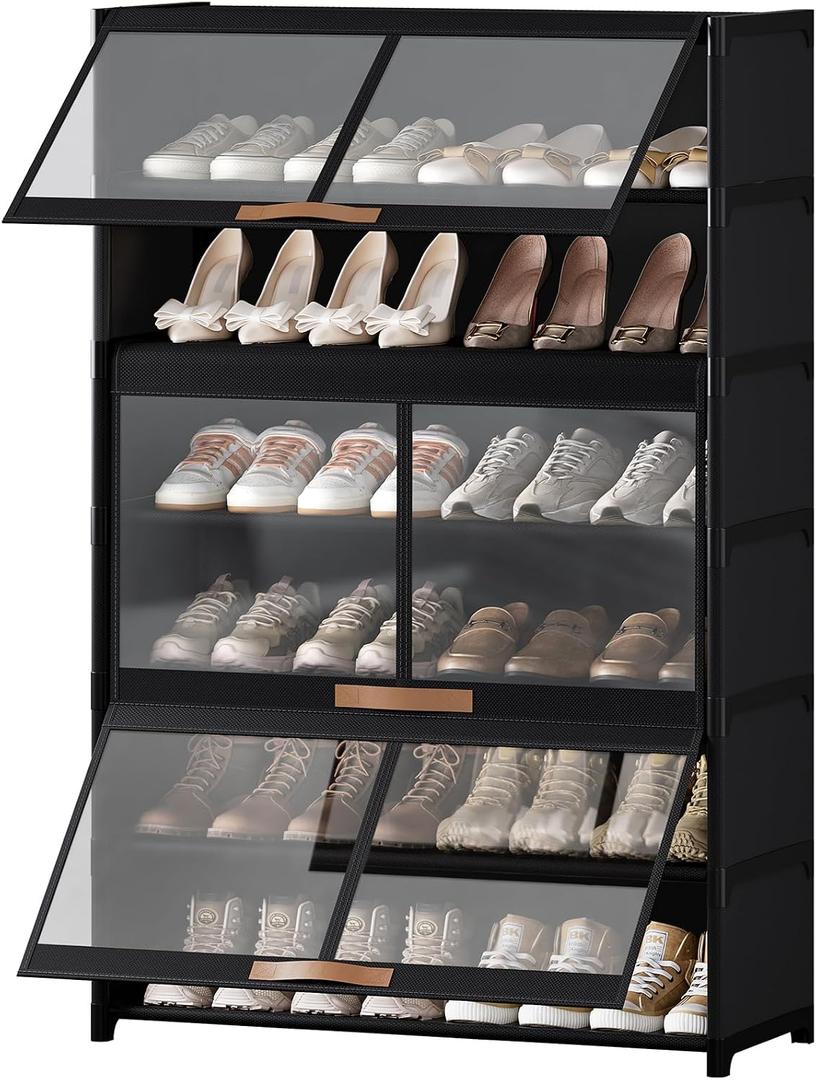 Shoe Rack, 7 Tier Shoe Storage Cabinet with Doors, 28 Pair Shoe Shelves Organizer for Entryway Closet, Plastic Shoe Shelf with Metal Frame for Bedroom Hallway, Black