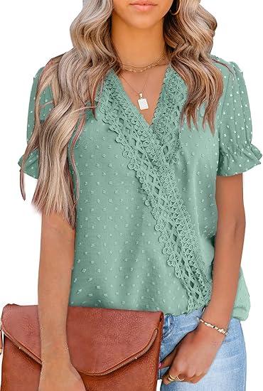 LOLONG Women V Neck Tops Dressy Casual Puff Short Sleeve Blouse Chiffon Pom Poms Shirts XL