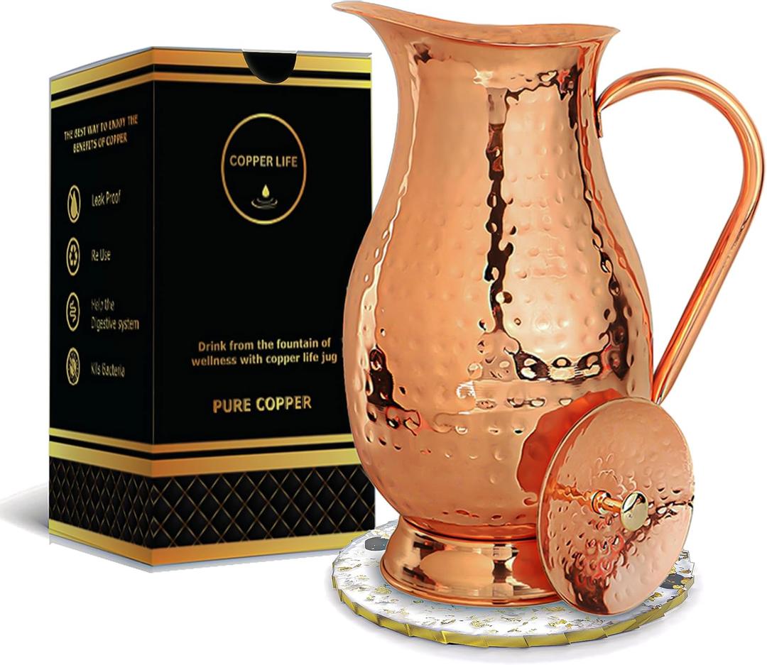 Pure Copper Water Pitcher 70 Ounces | Handmade Hammered Large Jug with Lid | Unlined Uncoated Chemical Free for Ayurveda Health Benefits | Decorative & Functional – Vintage Style for Home & Gifting