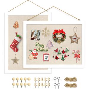 2-Pack Double-Sided Cork Board with Linen, 16" x 12" Hanging Wood Framed Bulletin Board, Picture Display Vision Board Kit Corkboards for Wall School Office Decor, 20 Pushpins (Vintage White)