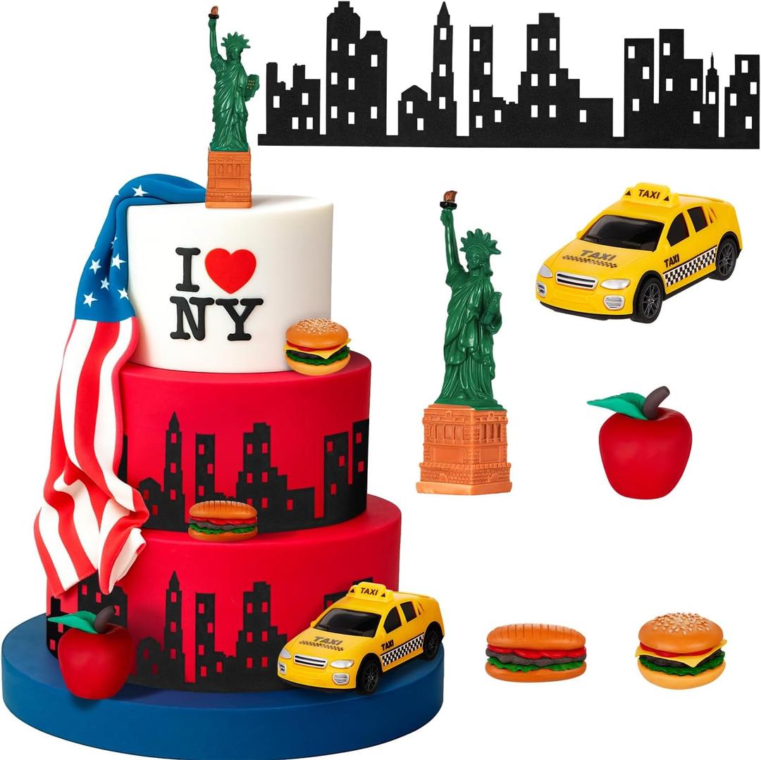 Gemscream 9 Pcs New York Cake Decorations New York Party Decorations Mini Statue of Liberty Yellow Taxi Apple Skyscraper Borders Hot Dogs for American Theme Party Birthday NYC Souvenirs Gift