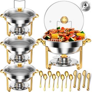 Round Chafing Dishes for Buffet 5 Qt,High Grade Chafing Dish Buffet Set, Full Size Pan,Rolled-Edge Design Food Warmers for Parties,Buffet,Wedding,Birthday,Camping 4 PACK (Half Gold-Glass)