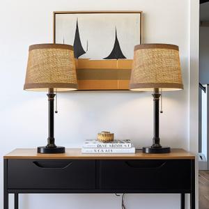 Oneach Cottage Style Black Pull Chain Table Lamps Set of 2 for Bedroom Living Room 19.5'' Traditional Bedside Desk Nightstand Buffet Candlestick Samll Lamps with Fabric Drum Shade