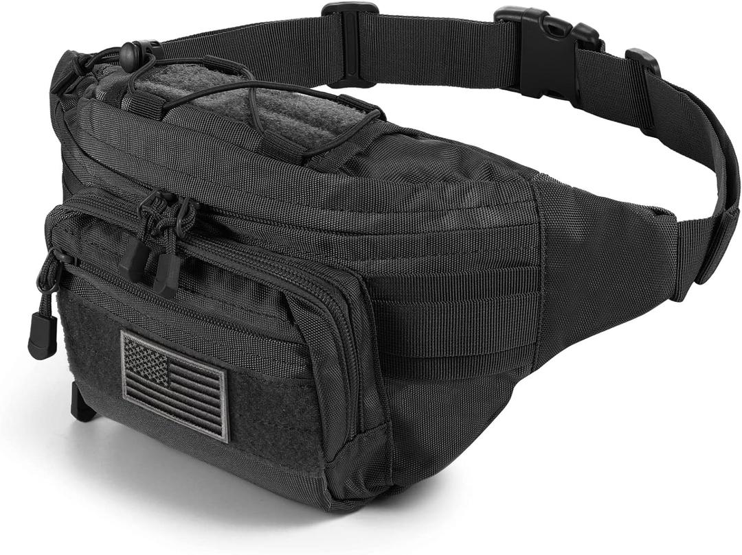 Tactical Fanny Pack,Military Waist Bag Pack with U.S Patch Utility Hip Belt Bumbag for Outdoor Fishing Hiking (Black(4 Zipper Pockets))