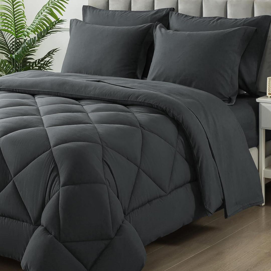 Full Size Comforter Set, 7 Pieces Bed in a Bag, Bedding Sets with All Season Soft Quilted Lightweight Comforter, Flat Sheet, Fitted Sheet, 2 Pillow Shams, 2 Pillowcases, Dark Grey