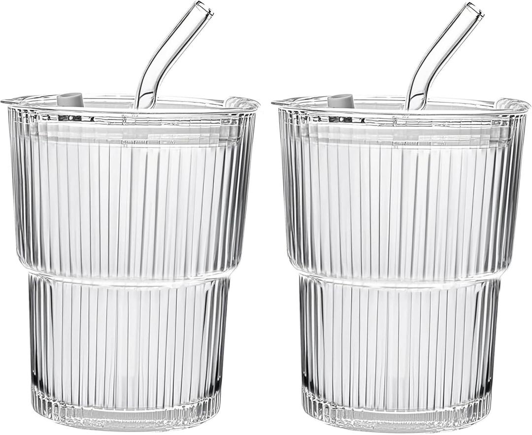 13oz/400ML Glass Tumbler with Straw and Lid Ribbed Vertical Ice Coffee Cups Sealed Carry on for Coffee Iced Tea, Thick Wall Glassware Tumbler Water Glass (2Pcs) (Clear)
