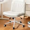 Marsail Armless-Office Desk Chair with Wheels: PU Leather Cross Legged Wide Chair,Comfortable Adjustable Swivel Computer Task Chairs for Home,Office,Make Up,Small Space,Bed Room(Balanced Beige)