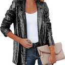 SEMATOMALA Women's Sequin Shiny Open Front Blazer Evening Party Sparkly Long Sleeve Slim Cardigan Coat (Large, Black)