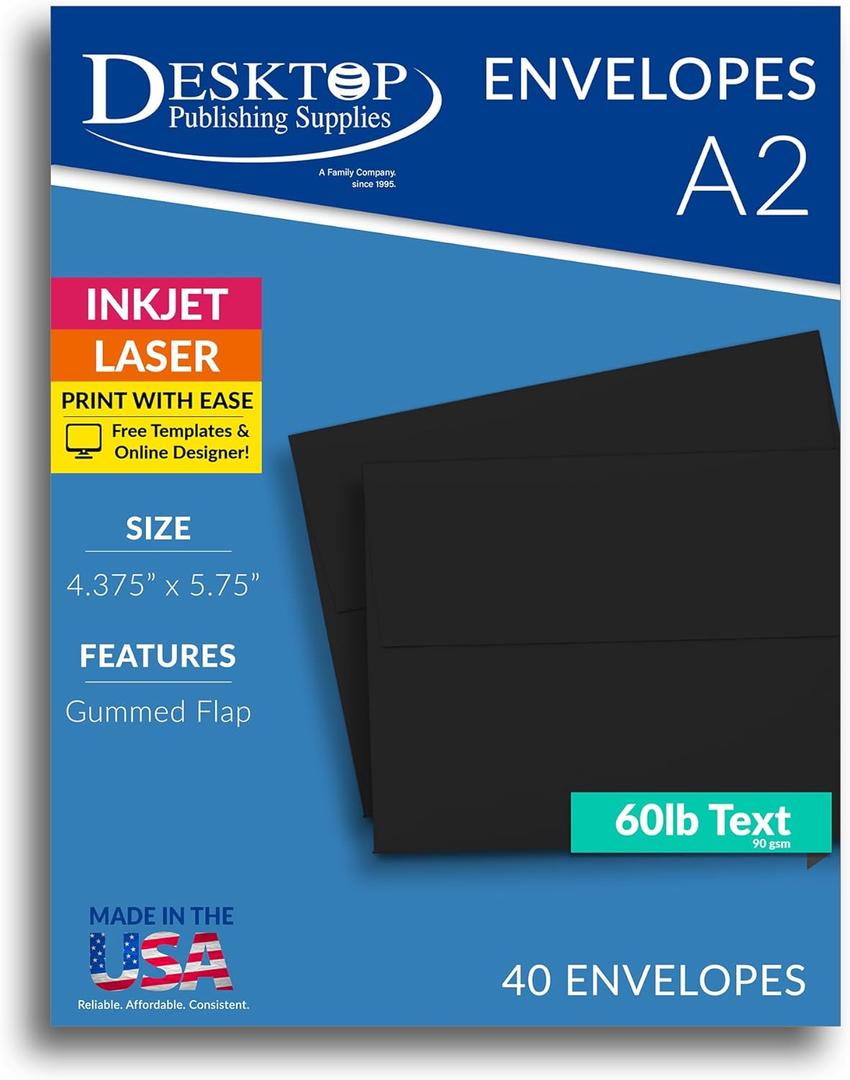 Premium A2 Black Envelopes (4 3/8" x 5 3/4") - Heavyweight (70lb) Envelopes for Invitations & Greeting Cards - 40 Pack