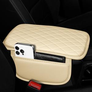 Car Center Console Cover Fit for Volkswagen Atlas Leather Armrest Cover with 2 Storage Bags Waterproof Console Cover Scratch & Wear Resistant(Beige)