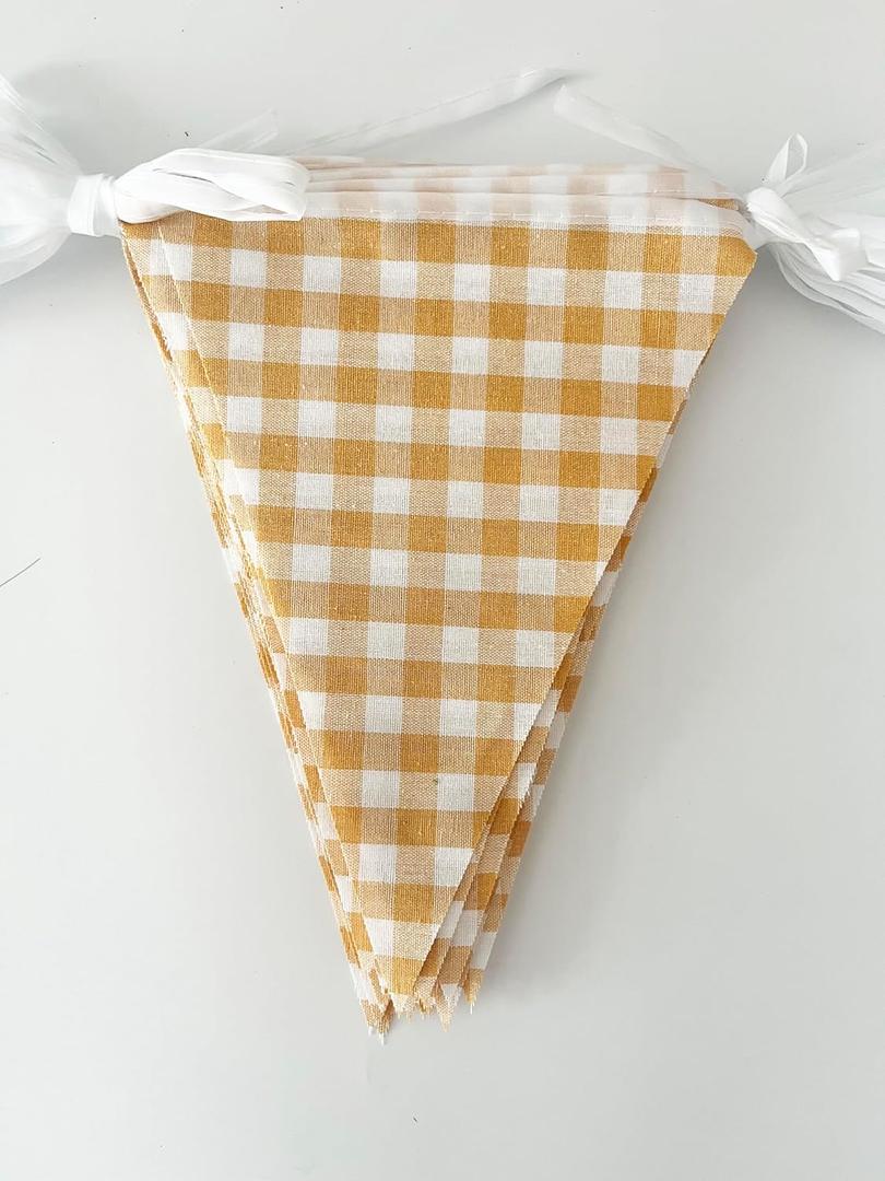 16 Meters 52ft Yellow White Cotton Checkered Banner Double Sided Fabric Gingham Pennant Bunting Triangle Flags Party Decoration for Picnic Birthday Carnival
