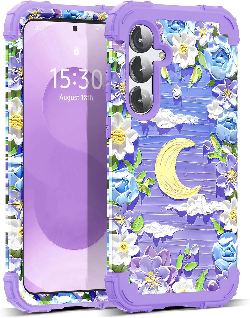 for Galaxy S25 Plus 5G Case,3 in 1 Oil Painting Flower Pattern Heavy Duty Protection Silicone Rubber Bumper+Hard Plastic Protective Cover for Samsung Galaxy S25 Plus,Purple/Yellow