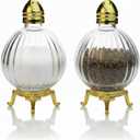 Decorative Glass Salt and Pepper Shakers, Globe Design, Gold-Silver Tone Metal Stand, Set of 2 (Gold)
