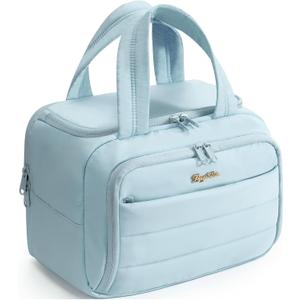 Bagstellar Travel Toiletry Bag for Women, Lightweight Large Quilted Puffy Makeup Bag Wide-open Make up Organizer Cloud Cosmetic Bag w/Handle for Traveling Toiletries Essentials Accessories Light Blue (EXP 09/23/33)