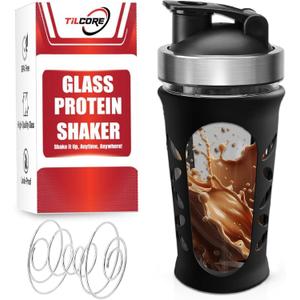 Glass Protein Shaker Bottle for Protein Mixes and Shakes - 635ml 20oz, BPA-Free Shake Bottle, Leak-Proof Glass Shaker Blender - Mixer for Gym, Durable Shaker (Black)