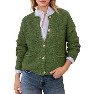 Saodimallsu Women's Chunky Knit Cardigan Button Down Crewneck Long Sleeve Cropped Sweater with Pockets (Green, XXL)