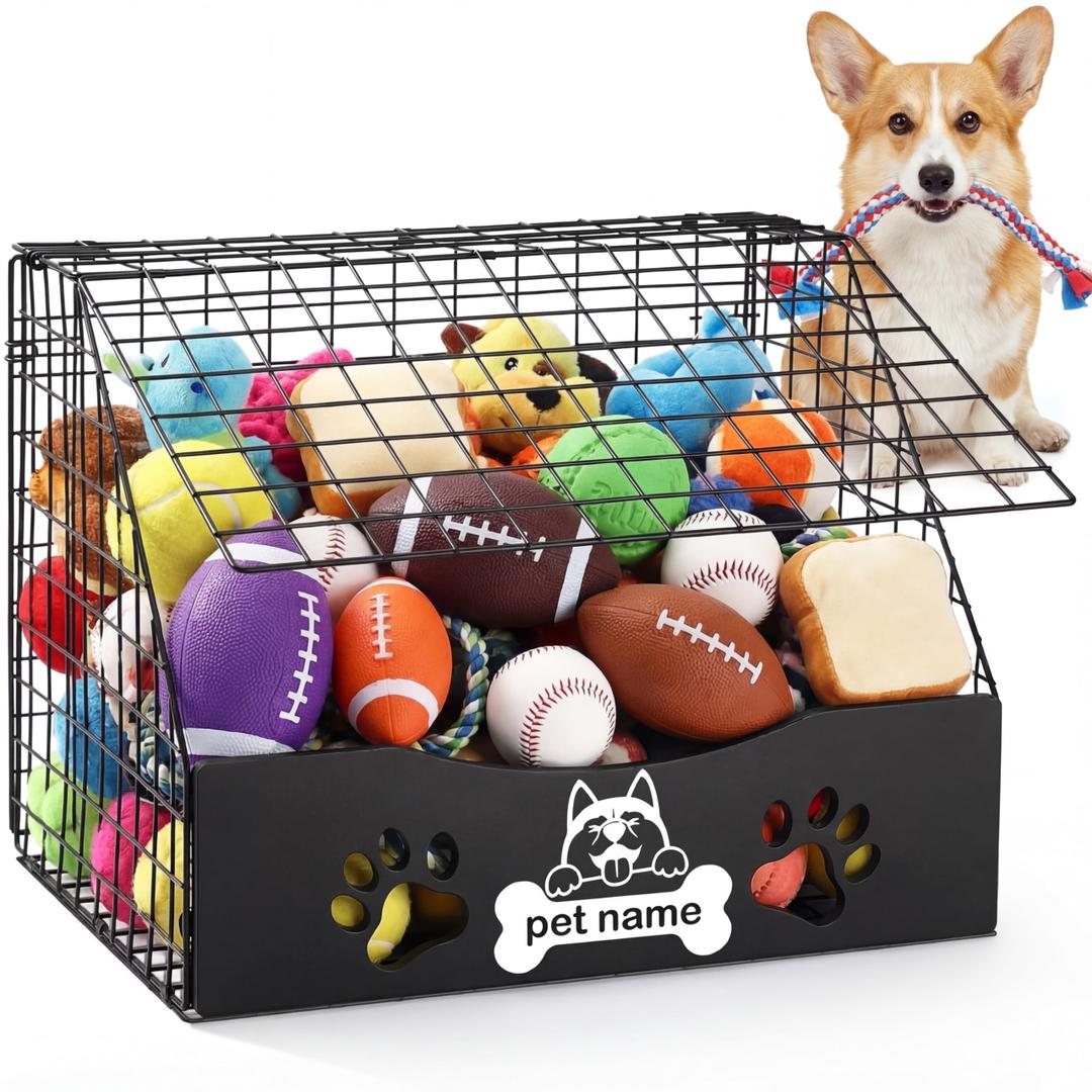 AceOrbit Dog Toy Basket with Cover Small Toy Box for Dogs Pet Toys Bin Dog Metal Basket for Toys Pet Storage Organizer, Cat Playthings Box for Living Room Area Home Decor(Black)