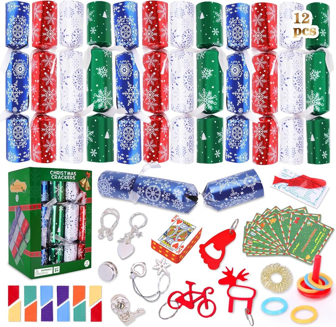 12 Pack Christmas No Snap Party Table Favor Decorations Christmas Poppers Crackers with Snowflake Design, with Party Hat, Joke & Surprise Toys Inside, for Xmas Seasonal Holiday Dinner Traditions (Green)