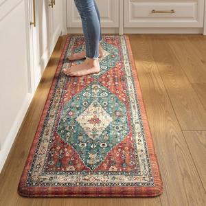 Collive Kitchen Rugs Anti Fatigue Kitchen Runner Mats Cushioned, Comfort Fatigue Mats for Standing, 17.3x59 Red Non Skid Washable Kitchen Floor Mats for Office, Sink, Laundry (Geometric Tribal)