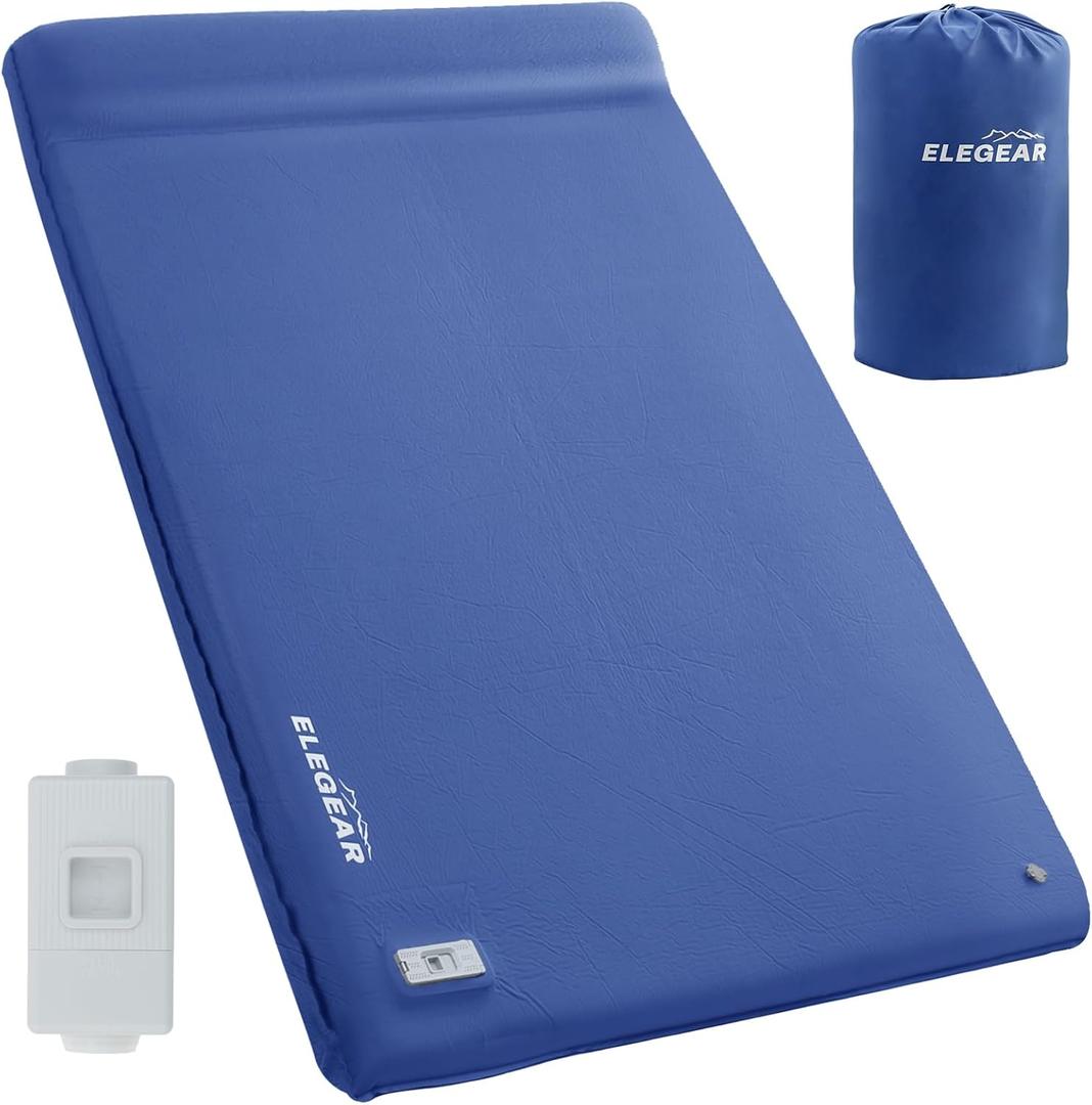 Elegear CumbreX Self Inflating Sleeping Pad, Built-in Electric Pump 3.15" Ultra-Thick Memory Foam Camping Mattress Pad with Pillow Double Sleeping Pad for Camping R-value 9.5 Foam Camp Pad for Travel, Dark Blue, Full