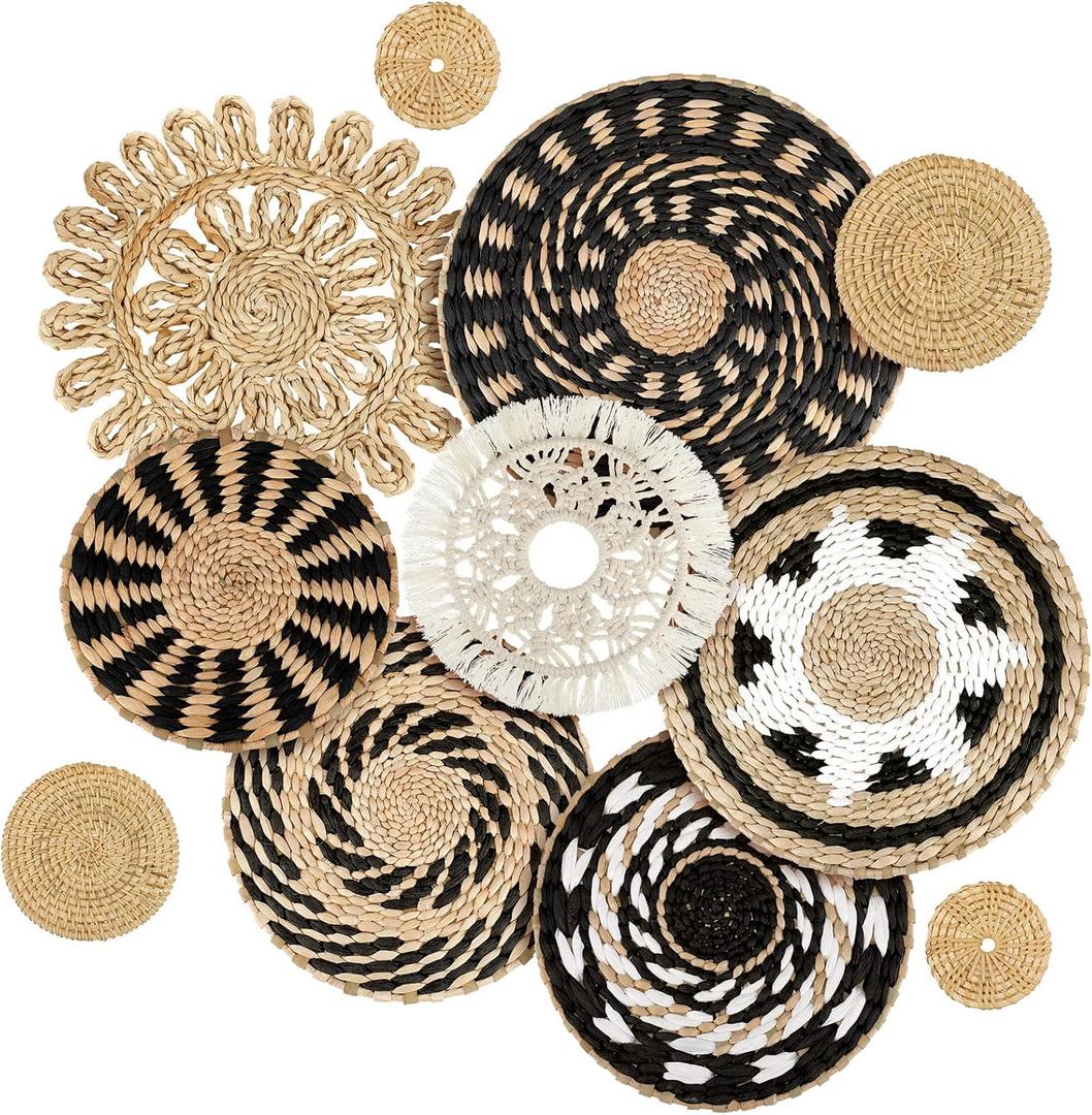 Tatuo 11 Pcs Boho Wall Basket Decor Bulrush Woven Wall Hanging Art Round Farmhouse Rustic Handmade Wicker for Summer Home, Bedroom, Living Room, Kitchen Decorations, Multi Sizes(Boho)