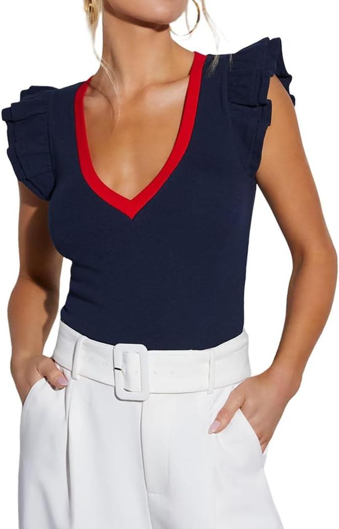 BONITEE Women Summer Ruffle Tops Sexy Deep V Neck Short Sleeve Shirts Trendy Casual Ribbed Slim Fitted Knit Tees Blouse (Large)
