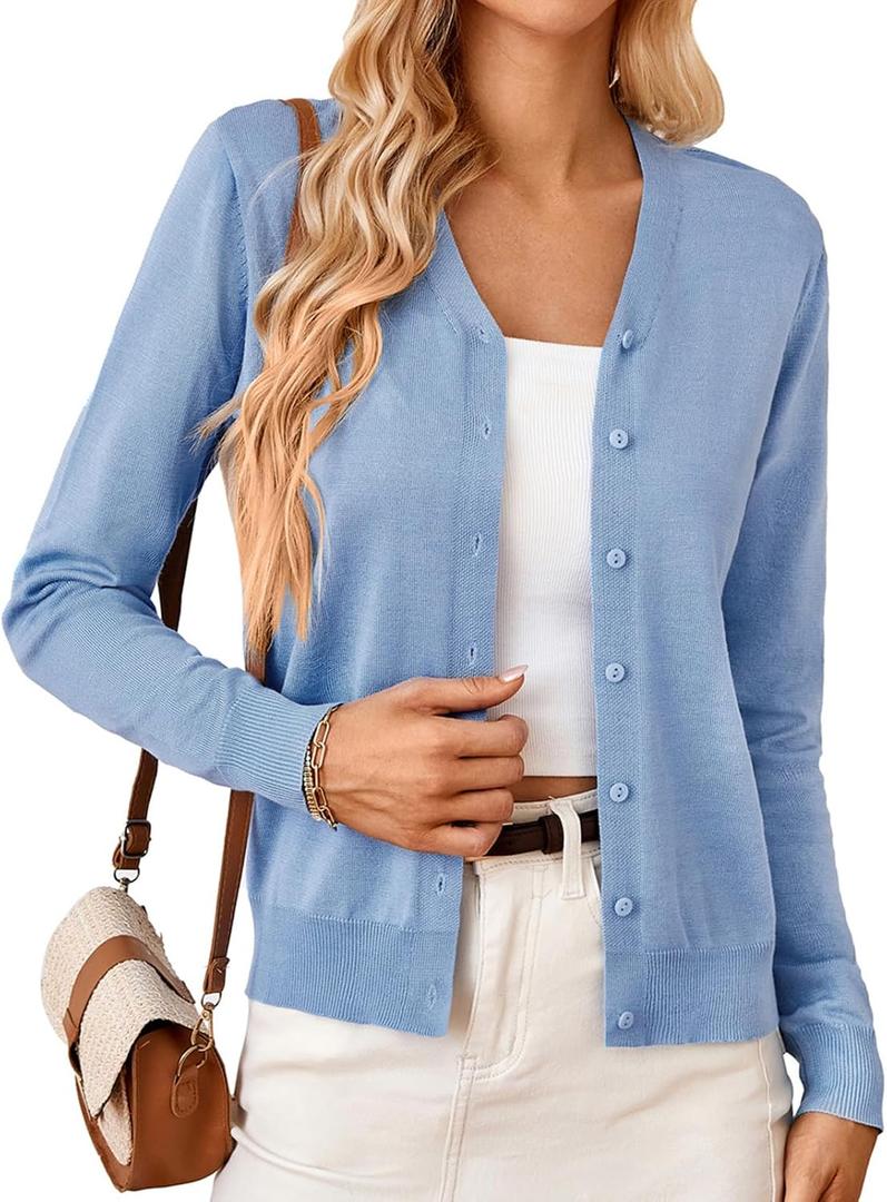 GRACE KARIN Women's Long Sleeve Button Down Vee Neck Classic Sweater Knit Cardigan (Blue, S)