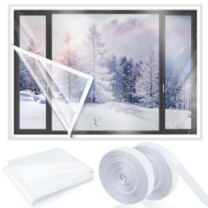 Beeveer 63 Inch x 10 ft Window Insulation Kit Cuttable Transparent Film with Adhesive Straps Reusable Window Plastic for Winterizing Thicken Thermal Waterproof Attic Insulation Cover Warm Winter