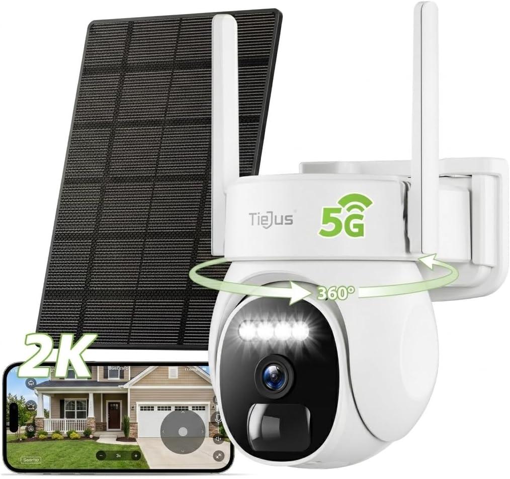 2.4G/5G Solar Security Cameras Wireless Outdoor, 2K Camera for Home Security, Auto Tracking, 360 PTZ/Color Night Vision/2Way Talk/Compatible with Alexa/IP66 Waterproof