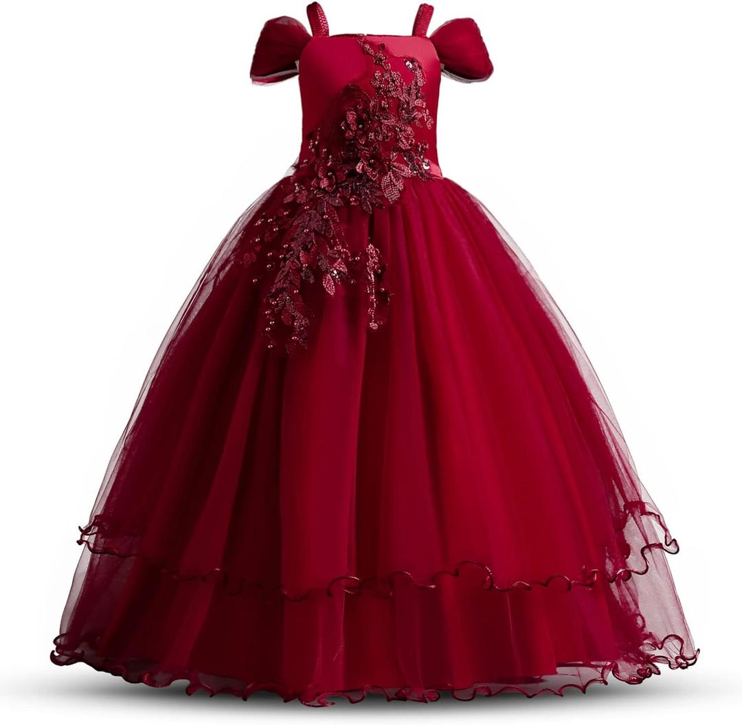 TTYAOVO Girls Applique Prom Gowns Luxury Wedding Birthday Party Princess Long Dresses (13-14 Years, Red)