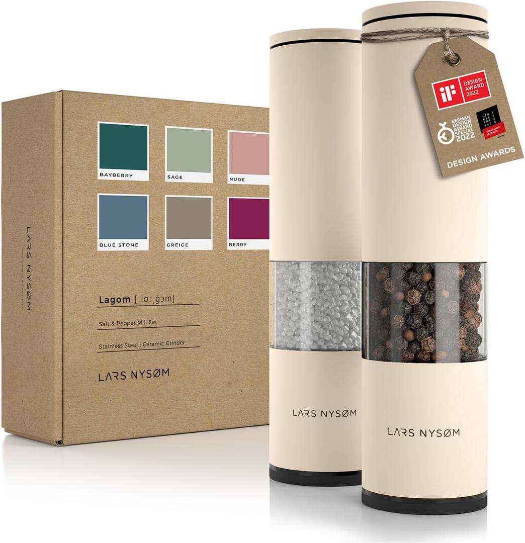 LARS NYSM Salt and Pepper Grinder Set 2 pieces I Salt Pepper Mill with Adjustable Ceramic Grinder I Design Spice Grinder Set Manual (Almond Beige) (Set of two manual grinders)