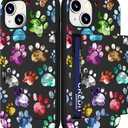Compatible with iPhone 14/15 Plus Case Cute with Card Holder Slim Phone Wallet Cover for Women/Colorful Doodle Paws Dog Craws Footprints Animal Watercolor