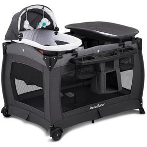Pamo Babe Deluxe Nursery Center Portable Playpen Foldable Playard for Baby and Toddler Mattress, Changing Table for Newborn(Black)
