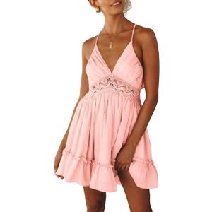 ECOWISH Summer Dresses for Women 2025 V-Neck Spaghetti Strap Bowknot Backless Sleeveless Lace Mini Swing Skater Dress (X-Large, Pink)