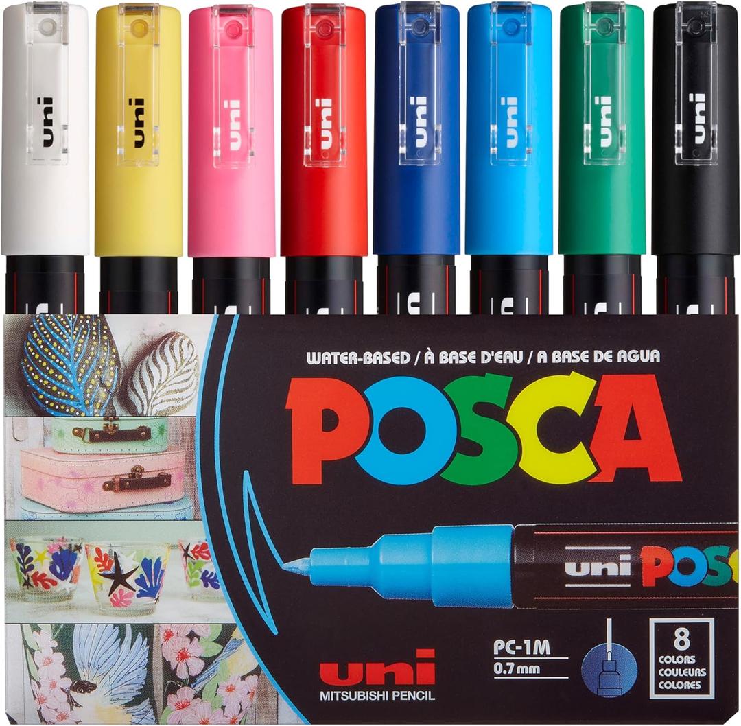 uni POSCA PC-1M Water-Based Paint Markers, Extra Fine Tip (0.7mm), Assorted Colors, 8 Pack