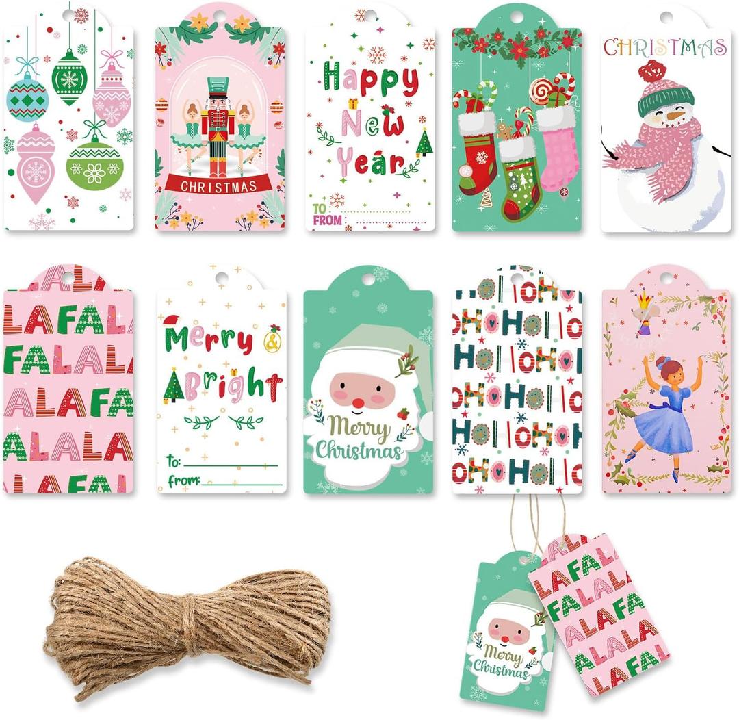 Lincia 120 Pcs Pink Christmas Tag Winter Paper Gift Tags Christmas Hanging Tags Labels with String for Holiday Party Wrapping Xmas Decor, 10 Styles(Cute Style)